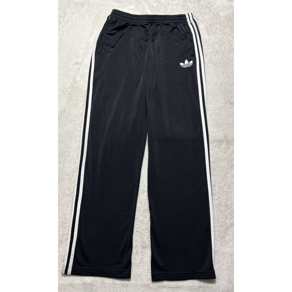 Adidas Track Pants Men's Large Black Three White Stripes Logo Zip Pockets Cuff